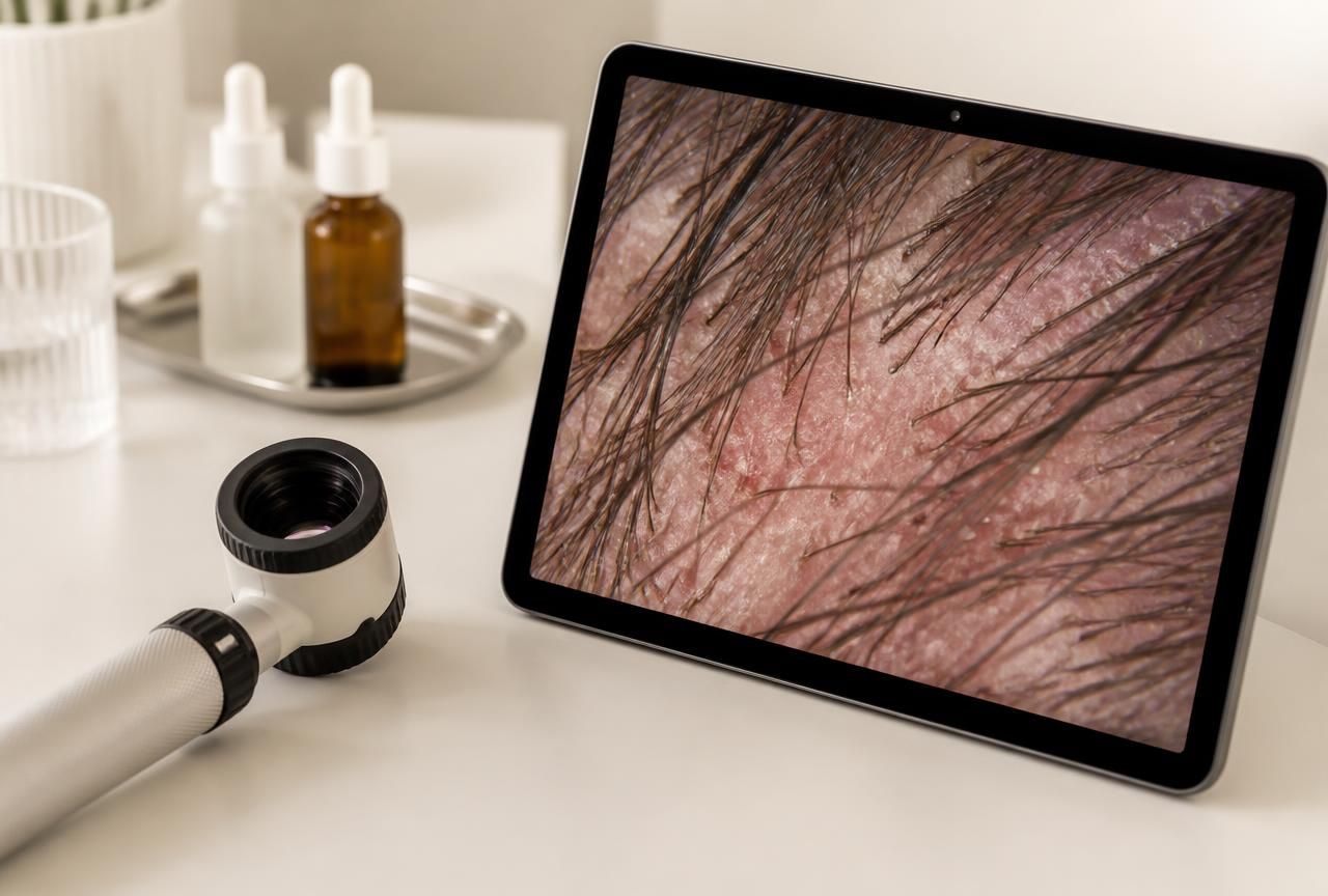 Dermatoscópio ao lado de tablet exibindo couro cabeludo inflamado em aumento