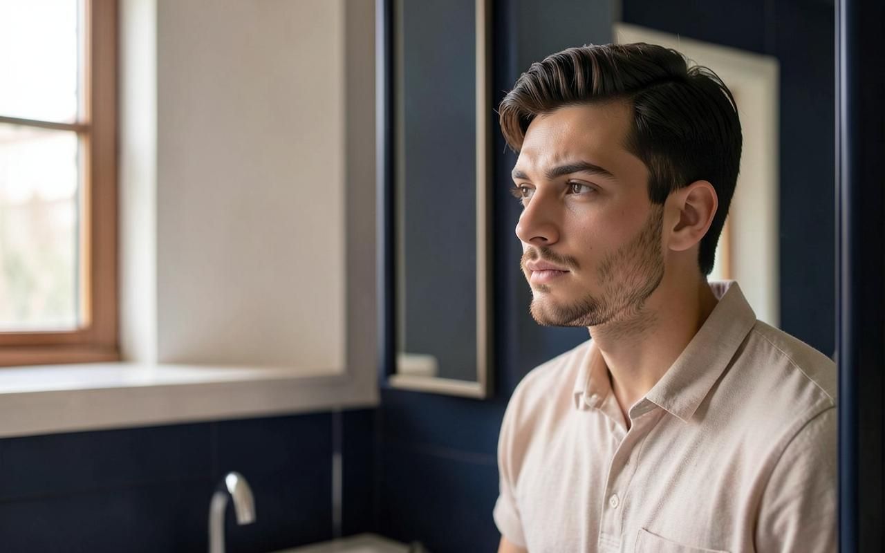 Calvície aos 20 anos Jovem observando a linha frontal do cabelo no espelho