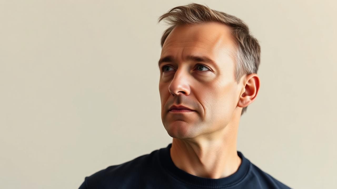 Retrato de homem adulto com rarefação capilar, em fundo claro