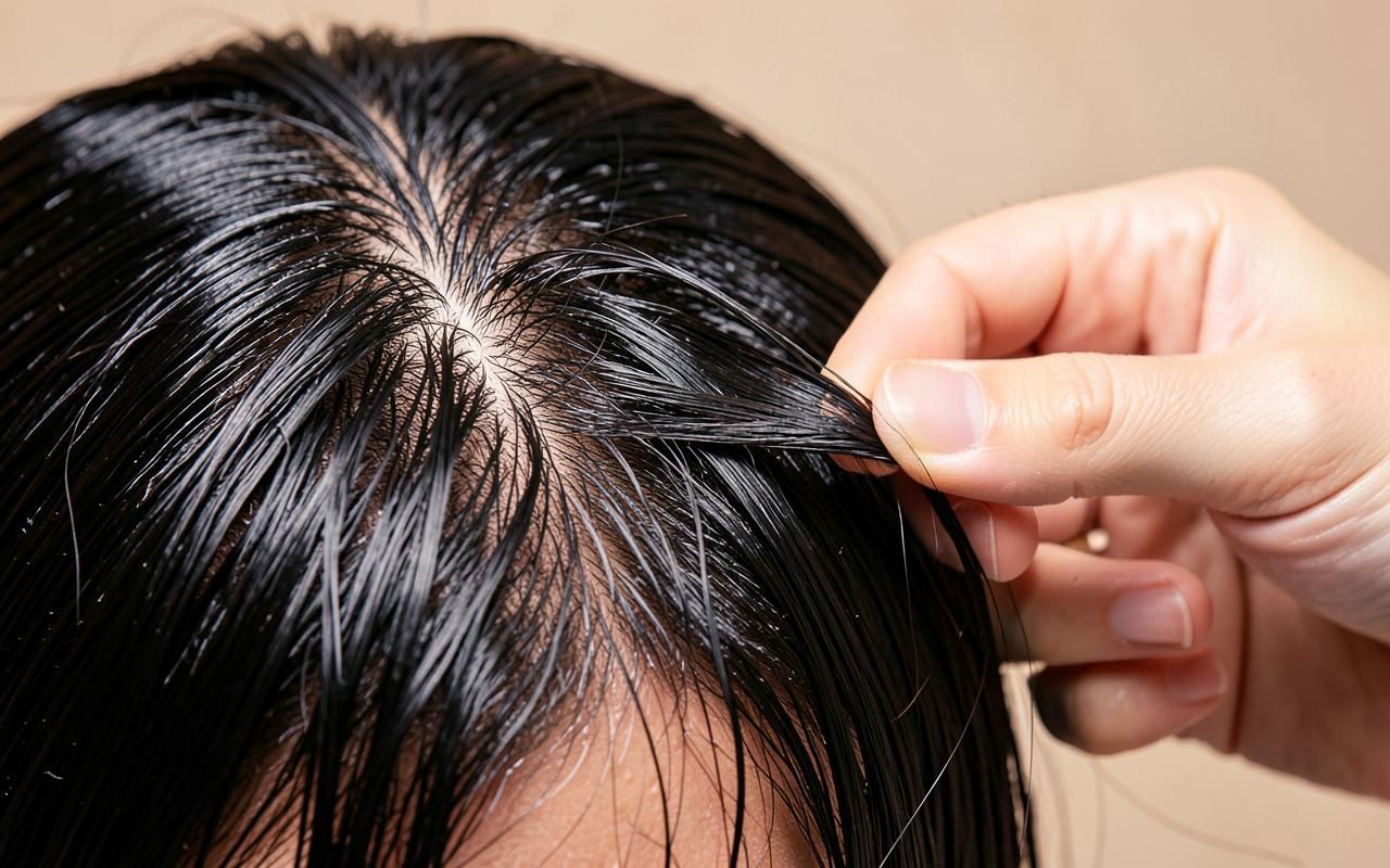 Couro cabeludo oleoso Raiz do cabelo com aspecto oleoso sendo examinada