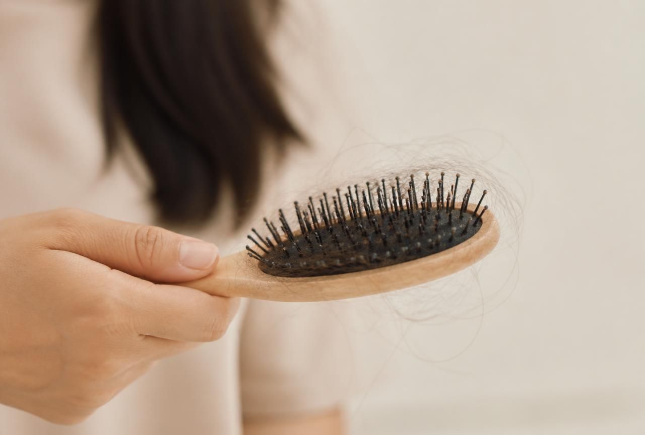 Queda difusa de cabelo na escova, típica do eflúvio telógeno