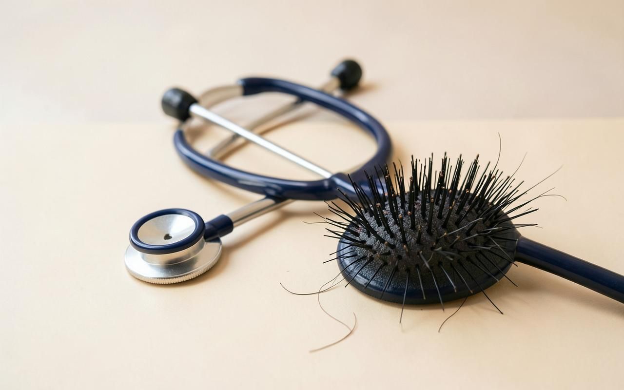 Tireoide e queda de cabelo Estetoscópio ao lado de escova com fios soltos, tema da investigação da queda