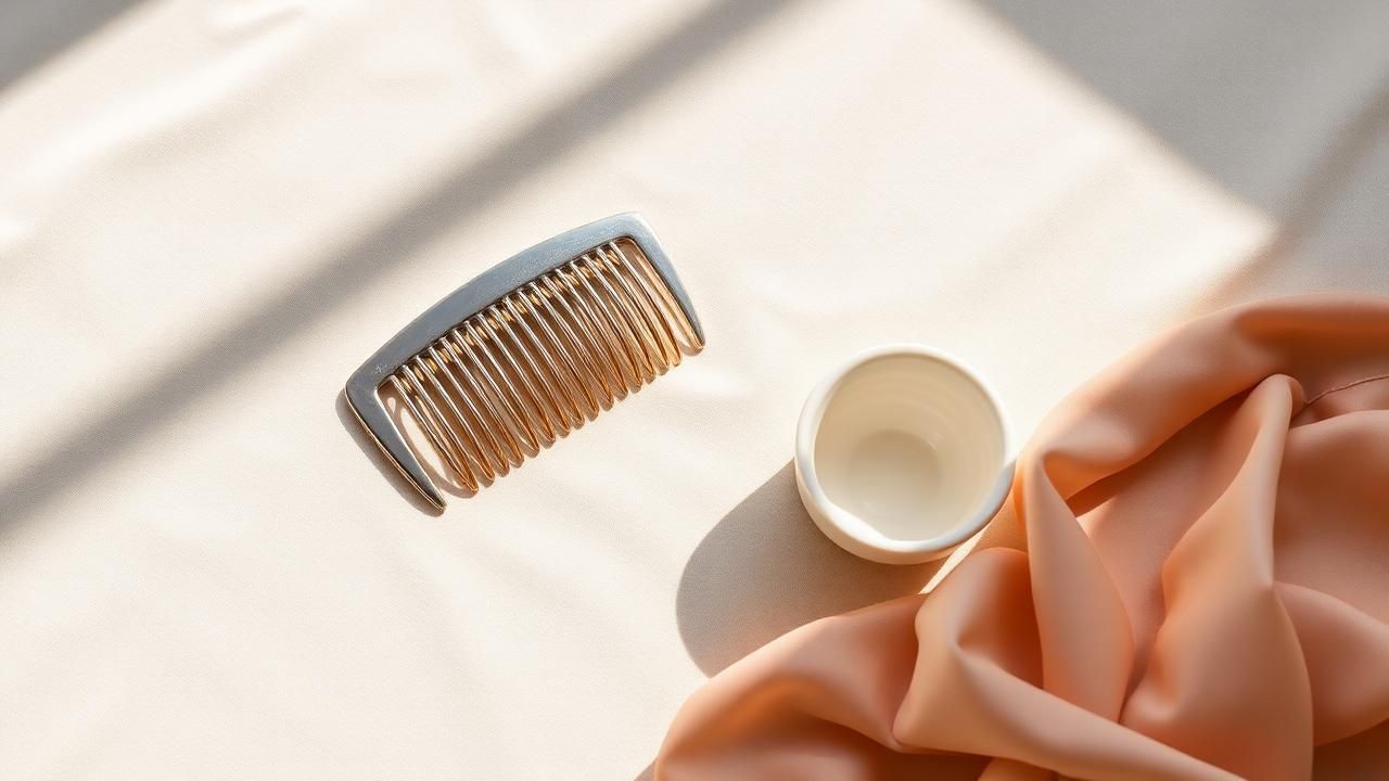 Queda de cabelo feminina Composição com pente e cosméticos, tema do afinamento do cabelo feminino