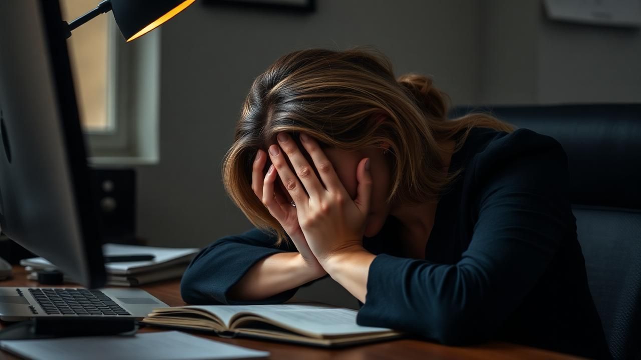 Queda por estresse Mulher com as mãos no rosto diante da mesa de trabalho, representando o estresse ligado à queda de cabelo
